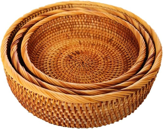 amololo 3 Pack Hadewoven Round Rattan Fruit Basket Wicker Food Tray Weaving Storage Holder Dinning Room Bowl, 10 Inch Small Wicker Basket Serving Tray Woven Basket for Bread,Snack,Brown(3-Size Kit)