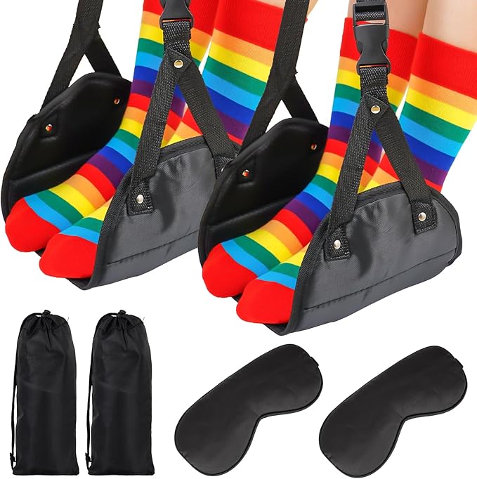 FACULX 2 Pack Airplane Foot Hammock, Footrest Hammock with Eye Mask for Plane Travel, Adjustable Airplane Foot Hammock or Office Footrest, Plane Footrest for Long Flight,Airplane Essentials, Black