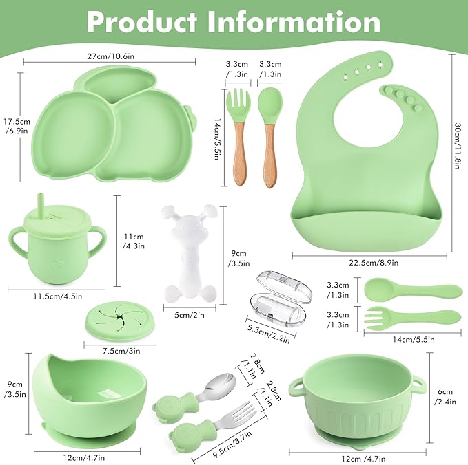 Silicone Baby Feeding Set 15 Pcs，Baby Spoons Suction Bowl Divided Plate Bib Cup Finger Brush Teething Teether，Baby Led Weaning Supplies,Baby & Toddler Silicone Plates and Bowls Dining Set（green）