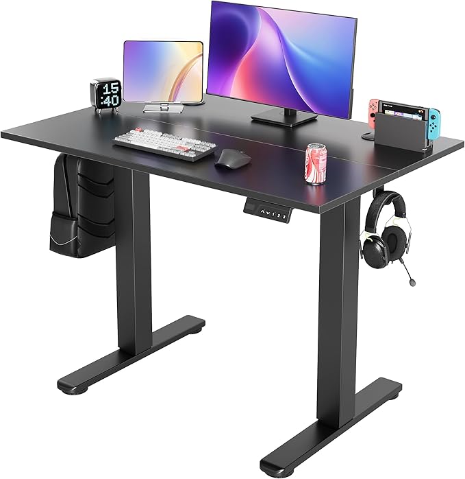 Seang Electric Height Adjustable Standing Desk, 40 x 24 Inch Sit-Stand Workstation with T-Style Frame, 3 Memory Height Options & Built-in Cable Management for Home Office, Black Frame/Black Top