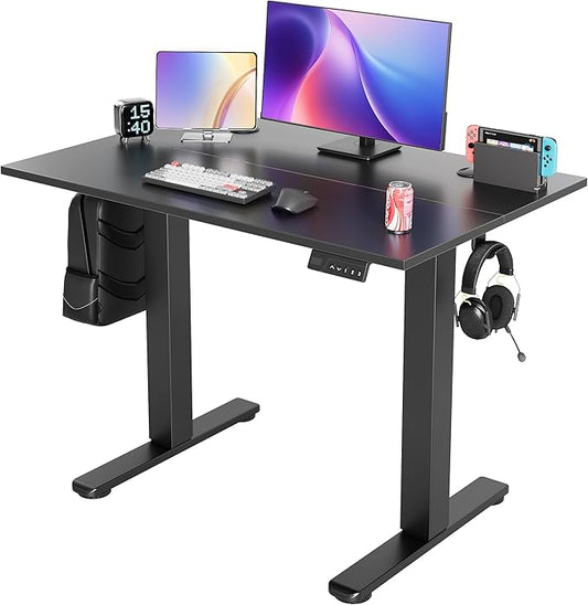 Seang Electric Height Adjustable Standing Desk, 40 x 24 Inch Sit-Stand Workstation with T-Style Frame, 3 Memory Height Options & Built-in Cable Management for Home Office, Black Frame/Black Top