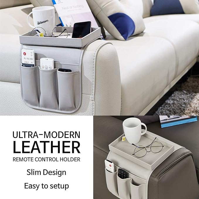 Couch Remote Caddy Control Holder Sofa Synthetic PU Leather Organizer with Detachable Tray for Recliner Chair Armrests with 4 Slots - 1 Large Pockets and 3 Small Pockets (Grey)