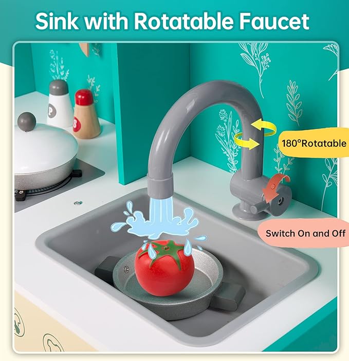 Bruvoalon Wooden Play Kitchen Toy Set for Kids, with Realistic Design, Sink with Faucet, Oven, Microwave, Utensils, Kitchenware Play Food Set Accessories, Birthday Gifts for Toddlers Boys Girl (Green)