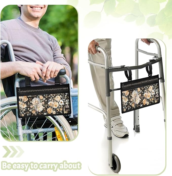 ZOUTAIRONG Flowers Wheelchair Side Bag, Wheel Chair Accessories - Arm Rest Storage Pouch Organizer to Hang on Side, Fits Walkers, Rollators, Scooters, for Men and Women
