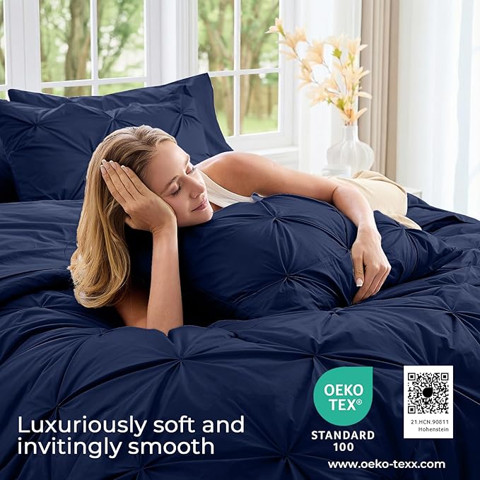 Sasttie Queen Comforter Set, 7-Piece Bed in a Bag, Pintuck Bedding Sets for All Season, Includes Comforter, Flat Sheet, Fitted Sheet, Pillowcases and Pillowshams, Navy