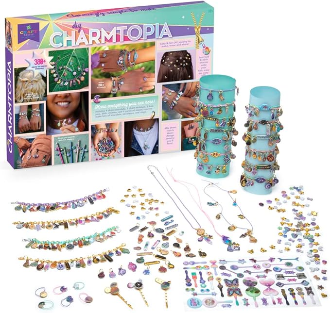 Craft-tastic — DIY Charmtopia — Craft Kit — Fun & Easy DIY Puffy Sticker Charms — Includes Materials to Design Bracelets, Necklaces, Hair Pins, Rings & More — Jewelry Making Gift - Ages 10+