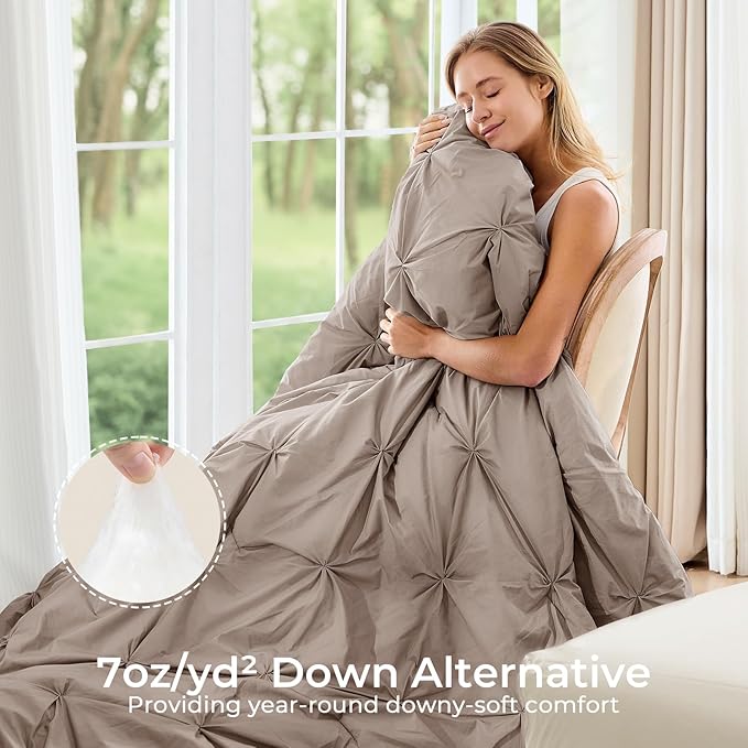 Sasttie Queen Comforter Set, 7-Piece Bed in a Bag, Pintuck Bedding Sets for All Season, Includes Comforter, Flat Sheet, Fitted Sheet, Pillowcases and Pillowshams, Dark Linen