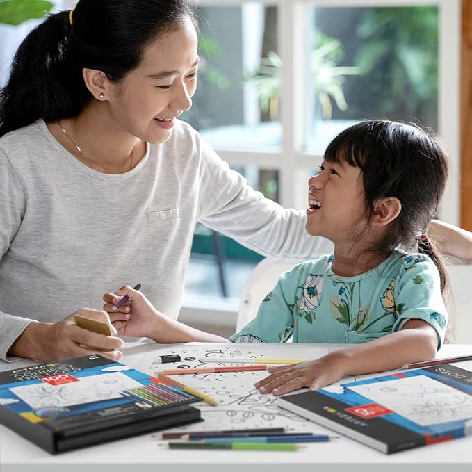 Arteza Kids Activity Book, Dot to Dot Coloring Book, 8.5 x 11 Inches, Back to School Supplies for Ages 6 and Up, 50 Sheets, 12 Double-Ended Colored Pencils, Black Marker, Eraser, Pencil Sharpener