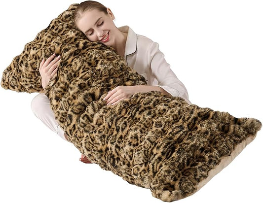 20x54 Fluffy Leopard Print Full Body Pillow,Cheetah Print Plush Fuzzy Faux Fur Body Pillows,Ultra Soft Bed and Sofa Pillow for Side Sleeper & Pregnancy,Big Hug Double Pillow,Furry Long Pillows-Brown