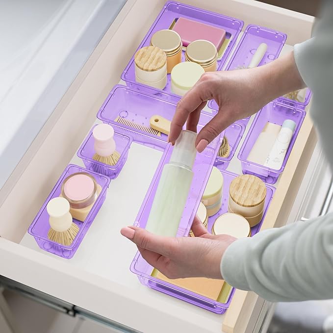 15 PCS Clear Plastic Drawer Organizer Set, 4-Size Acrylic Drawer Storage Trays, Storage Bins for Makeup, Gadgets, and Jewelry in Bathroom, Bedroom and Office, Clear Purple
