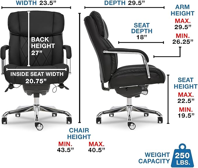 La-Z-Boy Sutherland Quilted Leather Executive Office Chair with Padded Arms, High Back Ergonomic Desk Chair with Lumbar Support, Black Bonded Leather