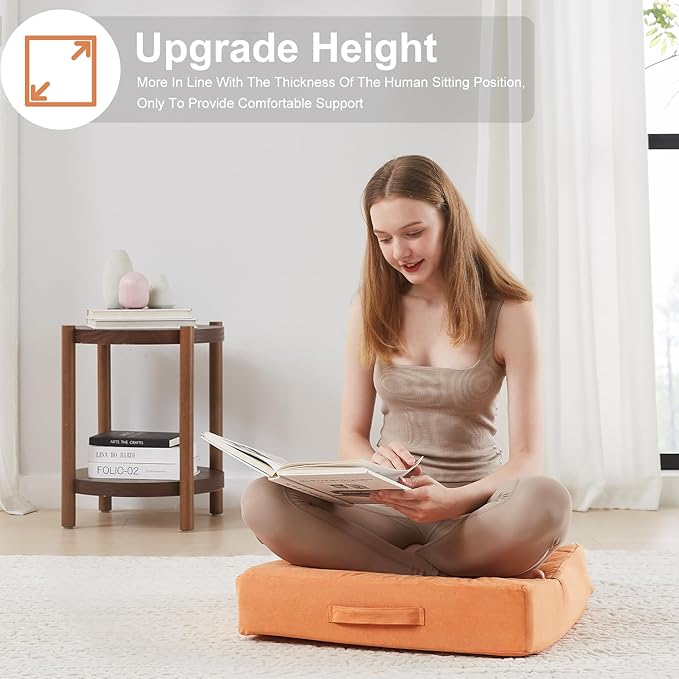 22 inches Floor Pillow for Adults - Large Meditation Cushion with Thick Foam & Soft Tufted Cover - Premium Outdoor Square Floor Cushion Seat - Yoga Pillows for Sitting On Floor - Orange