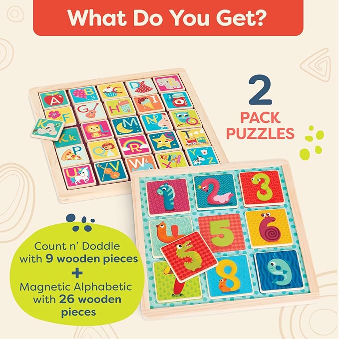 B. toys- Magnetic Alphabet & Count n' Doodle Duo Pack- Magnetic Puzzles – Wooden Puzzle Pack – Numbers & Alphabet – 2-in-1 Chalkboard Side – 3 Years +