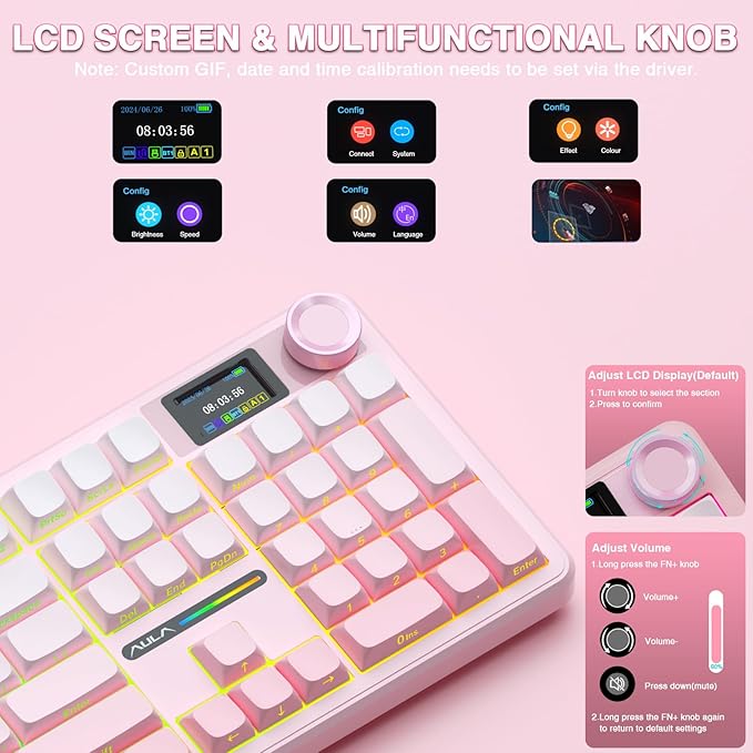 AULA F108 PRO - Wireless Mechanical Keyboard with Screen & Knob,Full Size Keyboard with 8000mAh Battery,Pre-lubed Switches,Side Printed PBT Keycaps,RGB Backlit Hot Swappable Custom Pink Keyboards