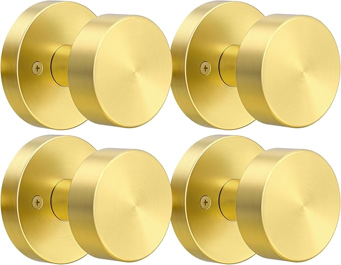4 Pack Brushed Gold Dummy Door Knobs Interior Satin Brass Dummy Door Knobs for Closet, Heavy Duty Modern Round Door Handle