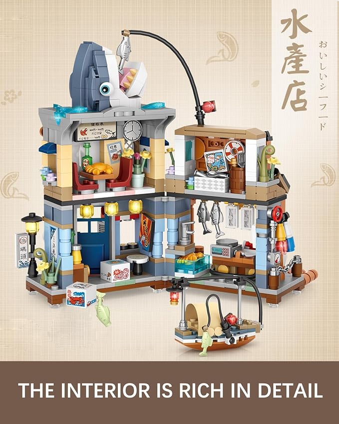 Japanese City Street View Seafood Store Building Blocks Set, Aquatic Products Shop MOC Creative House, Simulation Architecture Construction Toy, Gifts Idea for Kids Adults (Mini Blocks 790 pcs)