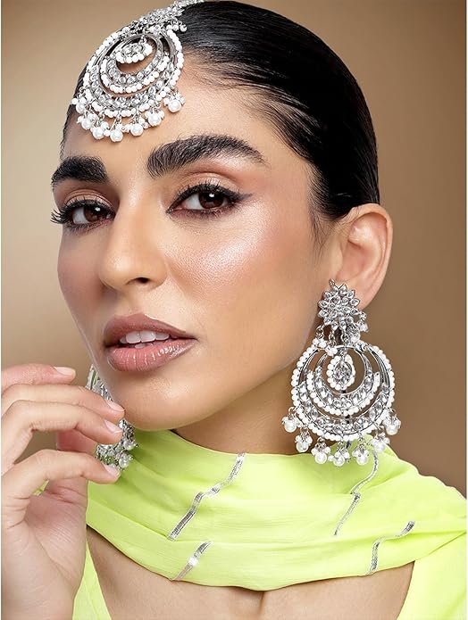 Aheli Bollywood Ethnic Chandbali Style Big Earrings Maang Tikka Set Traditional Fashion Jewelry Gift for Women