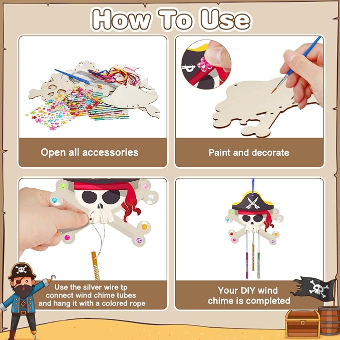 Fennoral 9 Pack Wind Chime Kit for Kids Make Your Own Pirates Wind Chime Wooden Arts and Crafts for Girls Boys Ornaments DIY Coloring Pirates Craft for Christmas Art Activity Birthday Party