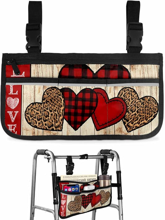 Wheelchair Side Storage Bag Valentine's Day Red and Leopard Print Love Heart Armrest Pouch with Cup Holder and Reflective Strip Wheelchair Accessories Organizer Bags for Walkers Rollator