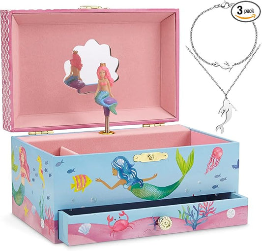Jewelkeeper Mermaid Music Box & Little Girls Jewelry Set - 3 Mermaid Gifts for Girls - Jewelry Box for Girls