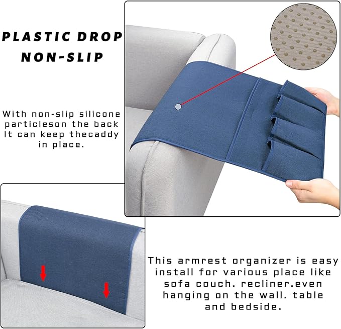 NB Sofa Armrest Organize remote holder bedside caddy organizer with 5 pockets，non-slip couch remote control holder couch armchair caddy accessories (Blue, 35''x18'')