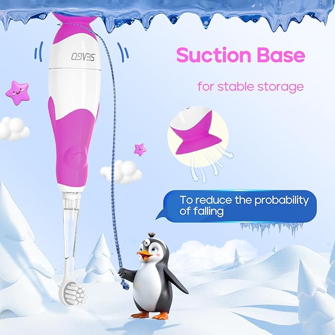 SEAGO Toddler Electric Toothbrushes for Baby Ages 0-3 Years, Baby Toothbrush with Smart Timer and Suction Base, 4 Replacement Brushheads (Purple-C)