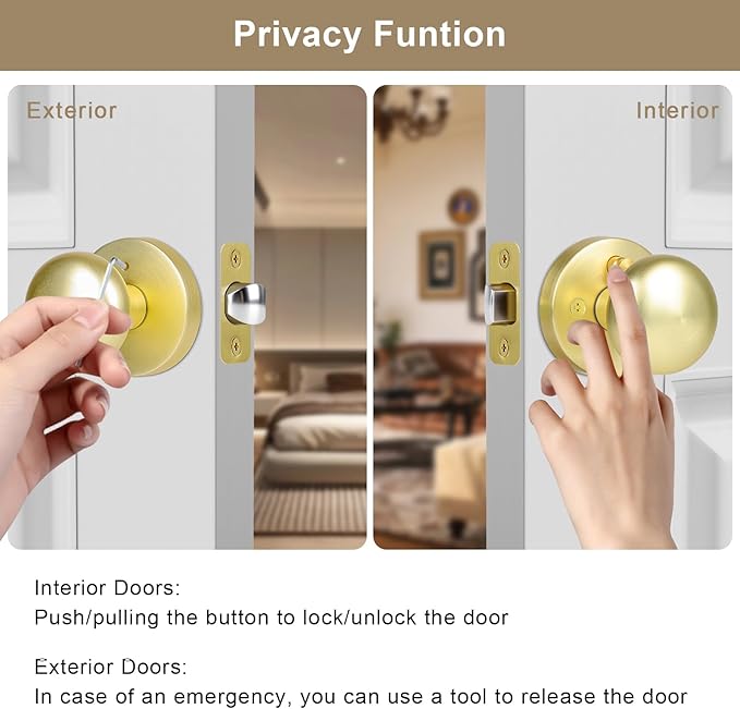 Gold/Brass Door Knob, Privacy Door Knobs Interior with Push-Button, Vintage Door Knob with Lock for Bedroom and Bathroom, 1 Pack