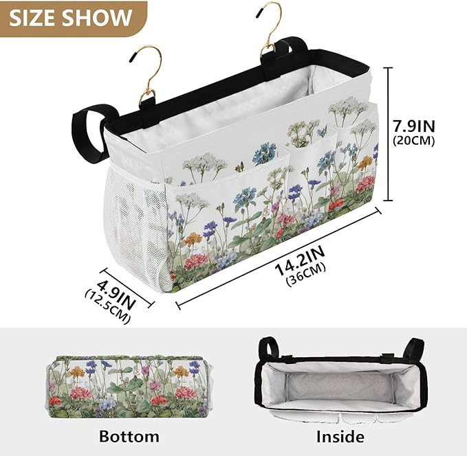 Wildflower Bloom Blue Bedside Caddy for Dorm Bed Bedside Hanging Caddy Bag Iron Frame Storage Organizer Pocket for Bunk Home College Hospital Beds 2 Hooks