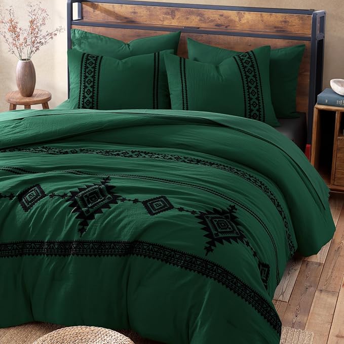 MaiRêve Embroidery Comforter Set, Boho Farmhouse Western Bedding Set, All Season Bed in A Bag Comforter Set with Sheets, Pillowcases & Shams, Emerald Green Full 7 Pieces