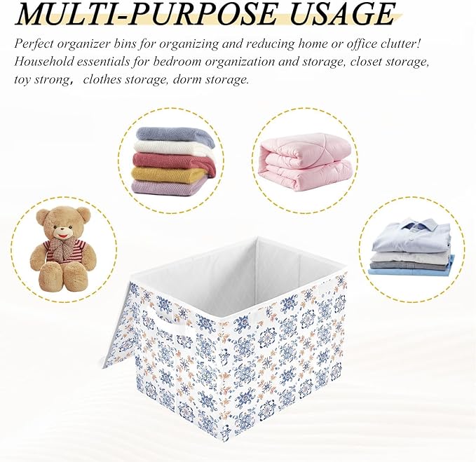 senya Large Storage Bins with Linen Collapsible Foldable Storage Cubes Fabric Closet Organizer Containers box with Flip-Top Lid for Home Bedroom Office 16.7 x 12.6 x 11.8in (Dutch Tiles)