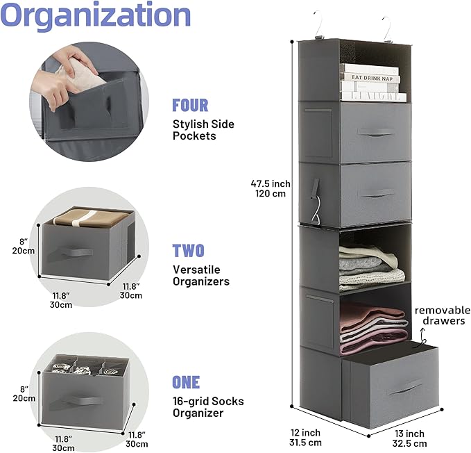 Twira 6-Shelf Hanging Closet Organizer, 2 Separable 3-Shelf Hanging Shelves, Hanging Storage with 3 Removanle Drawers 4 Side Pockets for Wardrobe, Nursery, Drom, Baby Clothes Organization Dark Grey