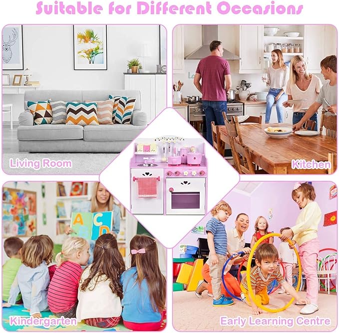 Fireflowery Wooden Play Kitchen, Play Cooking Set w/Sink, Stovetop, Fridge, Microwave, Pretend Kid Kitchen Set for Toddlers, Gift for Ages 3+