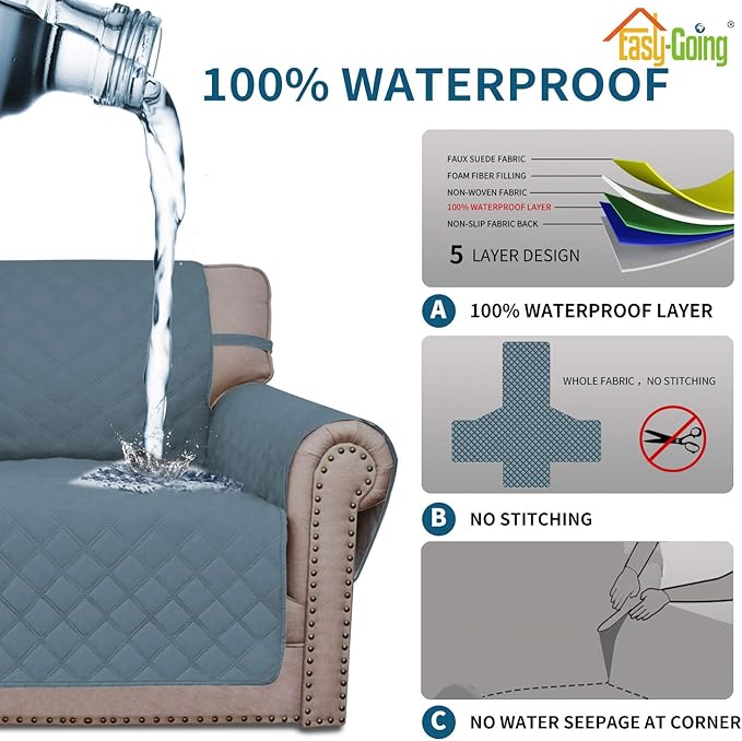 Easy-Going Sofa Slipcover Loveseat Cover Waterproof Couch Cover Washable Sofa Cover for 2 Cushion Couch Non-Slip Fabric Furniture Protector with Pocket for Pets Kids Dog Cat (Loveseat, Light Blue)