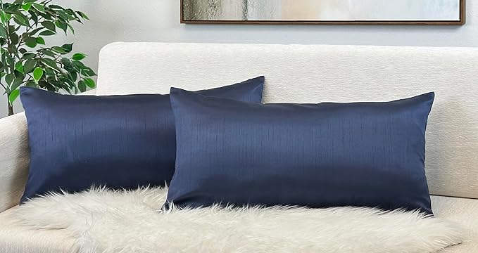 Aiking Home 12x24 Inches Faux Silk Rectangular Throw Pillow Cover, Zipper Closure, Navy (Set of 2)