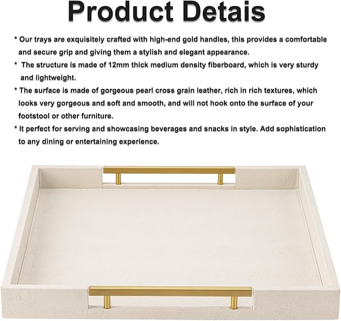 Beige Faux Leather Serving Tray with Handles – Large Decorative Tray for Coffee Table, Ottoman, Living Room, Bathroom – Home Decor