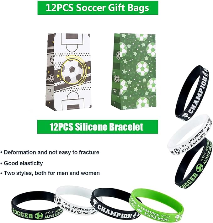 134 Pcs Soccer Party Favors Set Soccer Theme Party Soccer Gift Bags Soccer Silicone Ring Soccer Keychain Silicone Bracelet Whistle Stickers Tattoo Stickers Clap Bracelet for Soccer Themed Party