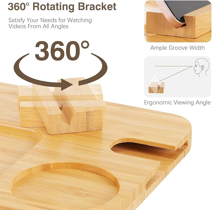 Couch Arm Table, Sofa Arm Tray with 360° Rotating Phone Holder & Cup Holder, Folding Anti-Slip Sofa Arm Table, Bamboo Couch Tray Clip on Side Table for Eating, Snacks, Phone, Remote, Cups