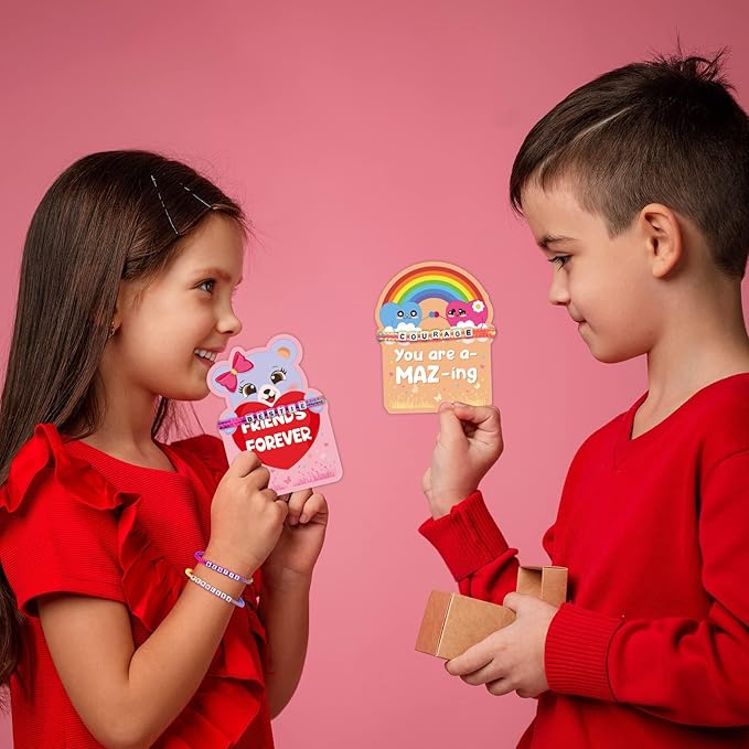 24Pack Kids Valentines Day Cards, Valentine Cards with Bead Bracelets, Valentines Day Gifts for Kids Classroom Prizes, Valentine School Exchange Gifts, Valentine’s Day Class Favors, Friendship Cards