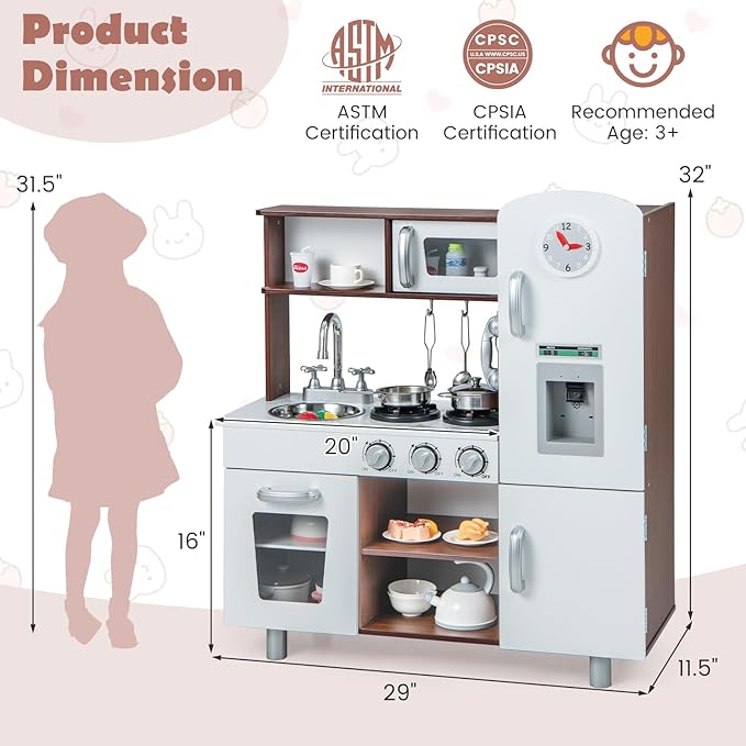 Costzon Kitchen Playset for Kids, Wooden Pretend Cooking Kitchen w/Utensils, Oven, Cabinets, Faucet, Sink & Telephone, Toddlers Play Kitchen Set with Accessories, Gift for Age 3+ (Brown)