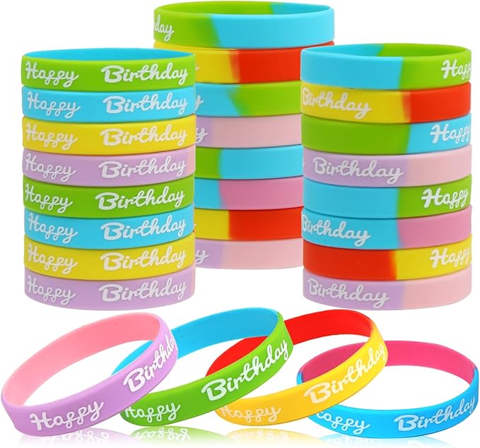 CCINEE 24 PCS Happy Birthday Silicone Bracelets, Colored Silica Rubber Stretch Wristbands for Kids Teenagers Birthday Party Supplies,4 Styles