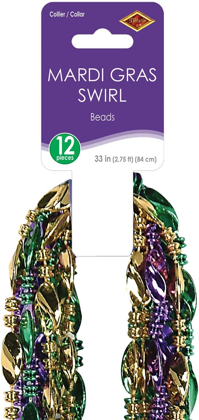Beistle 12 Piece Plastic Swirl Mardi Gras Beads, Throw Necklaces for Parades, Party Favors