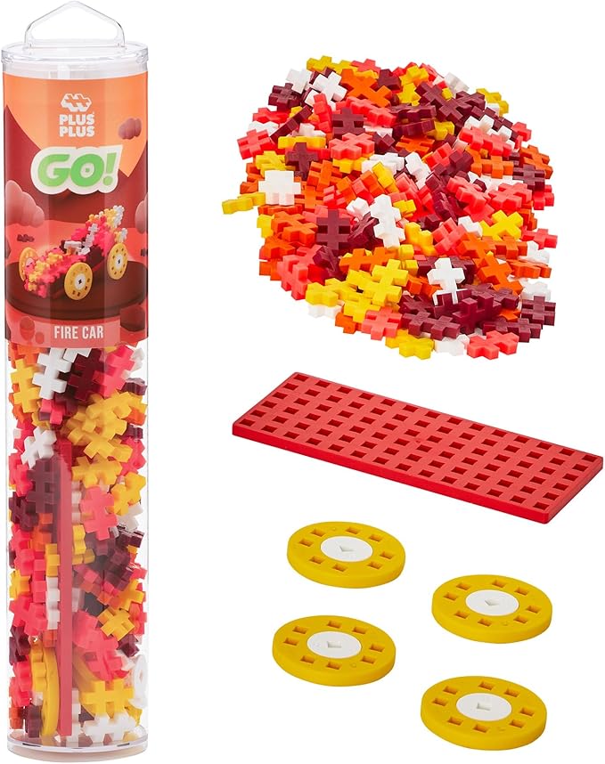 Plus Plus Car Building Block Kit, 3D Puzzle Stem Toy Set for Kids, 200 Mini Interlocking Pieces - Fire Tube