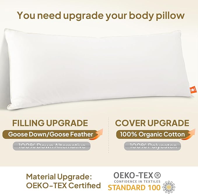 Goose Down Body Pillows for Adults, Large Body Pillow for Side Sleeper, Hugging Feather Body Pillow Insert, Cooling Full Length Long Pillow for Bed with 100% Organic Cotton Shell, White 20"x72"