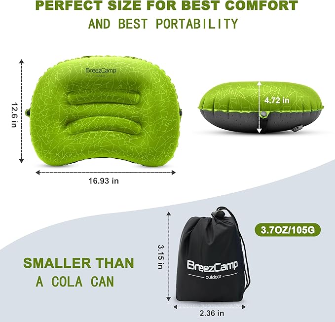 BreezCamp Inflatable Camping Pillow, Travel Blow Up Air Pillow, Neck Lumbar Support Ultralight Compact Pillow for Outdoor Hiking Backpacking Car Beach Airplane Sleeping Essentials, Green
