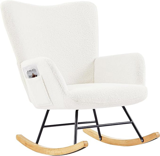 VECELO Nursery Rocking Chair Teddy Upholstered Modern Glider Rocker Padded with High Backrest Armchair Comfy Side Pocket for Living Room Bedroom Balcony Offices, White