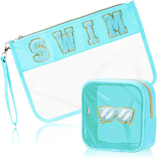 BuyCard 2 Pcs Swim Bag Cosmetic Makeup Bag with Chenille Letter Patch, Clear Pouch PVC Organizer Purse, Waterproof Travel Beach Bag, Portable Toiletry Storage Bag