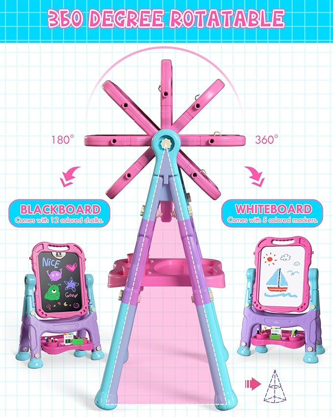 Lehoo Castle Easel for Kids, 4 in 1 Double Sided Kids Art Easel with Magnetic White Board & Chalk Board, Adjustable Standing Toddler Easel with Drawing & Writing Accessories (Blue, Purple, Pink)