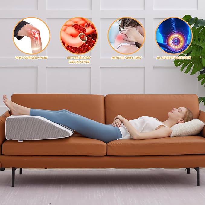 Bedluxe Leg Pillow Elevation Blood Circulation, Wedge Pillow for Legs Swelling, Leg Elevating Wedge Pillow for After Surgery, Foot Knee Pillow for Leg Rest, Sleeping, Memory Foam Top, 8in, White/Grey