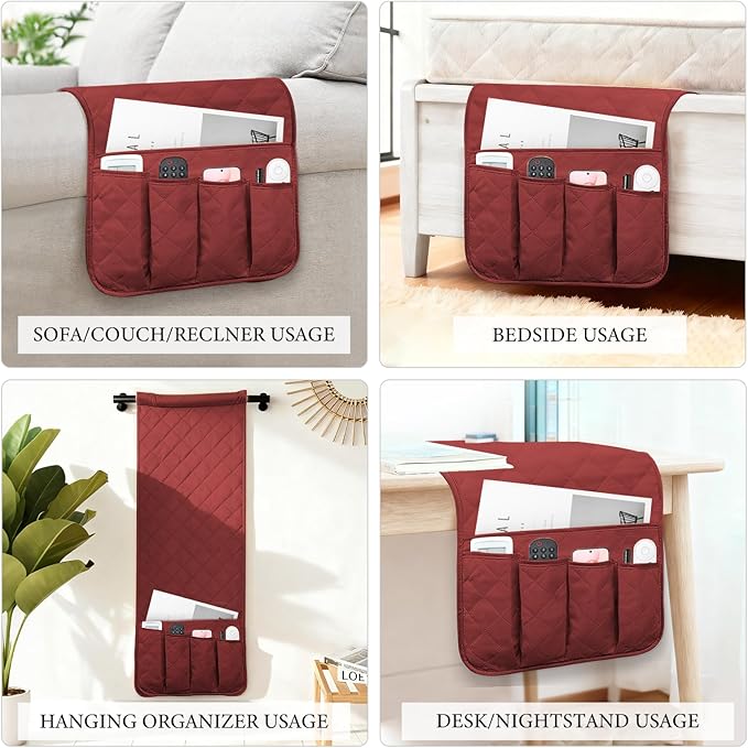 Armchair Caddy Couch Caddy Organizer Remote Control Holder Non-Slip Sofa Armrest Organize with 5 Pockets for Cell Phone TV Remote Control Magazines (RED)