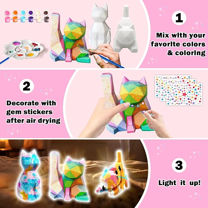 FUNZBO 3Pcs Paint Your Own Cat Lamp Kit - Art & Craft Supplies Kitten Painting Kits, Arts and Crafts for Kids Adults, DIY Night Light Toys Christmas Gift for Girls Boys Ages 3 4 5 6 7 8 9 10 11 12 13+